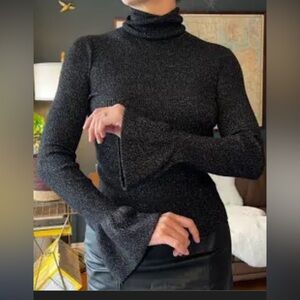 Veronica Beard Lame Rainbow Knit sweater turtleneck bell sleeves black large